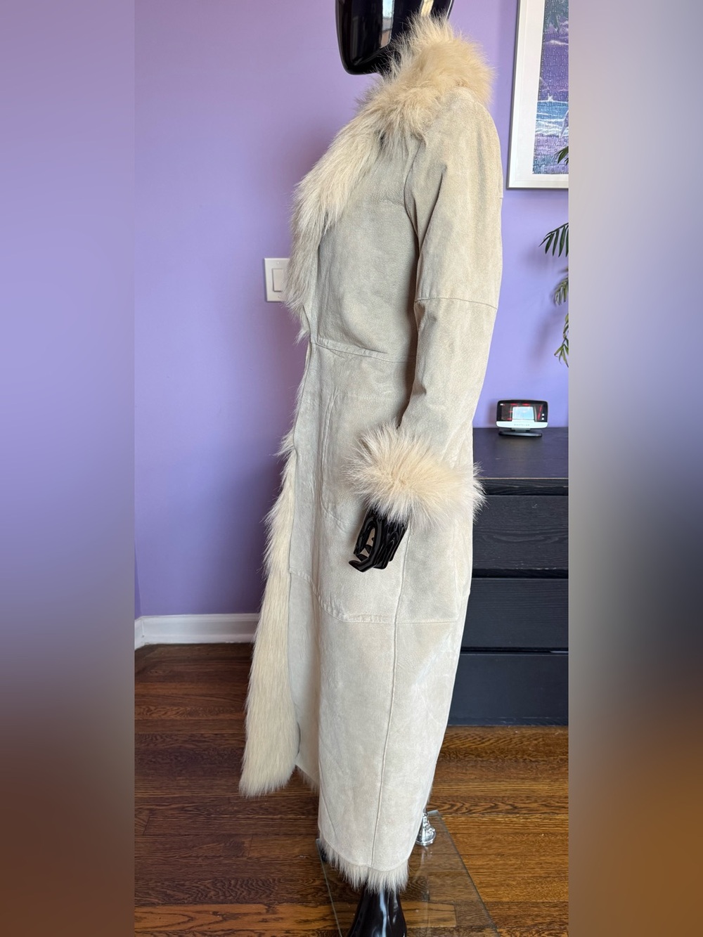 Ivory sheepskin shearling fur coat leather faux fur trim size small - Picture 5 of 16